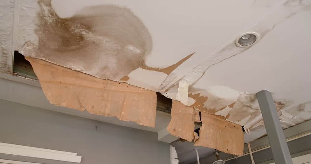 A ceiling with severe water staining and peeling wallpaper, showing exposed structural elements underneath.