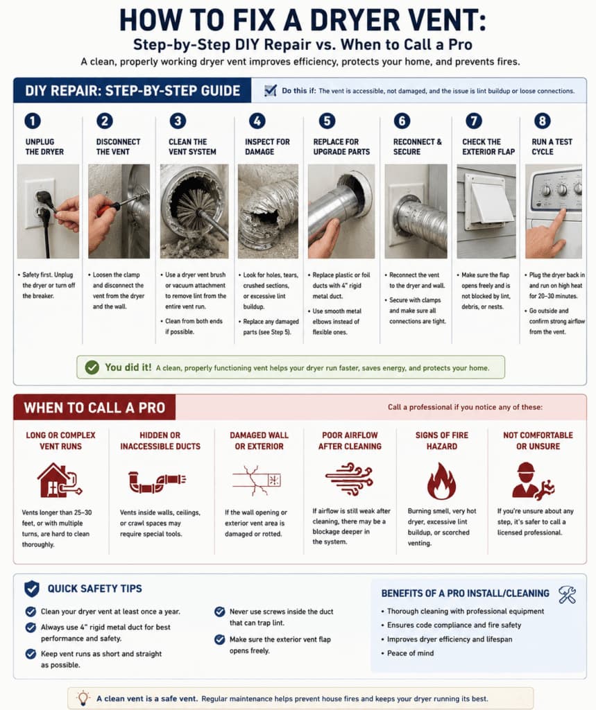 An educational infographic titled "How to Fix a Dryer Vent" comparing DIY repair steps with when to call a professional in San Antonio, TX.