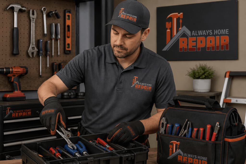 A professional technician from Always Home Repair organizing tools in a workshop, representing reliable handyman services in Tampa, FL.