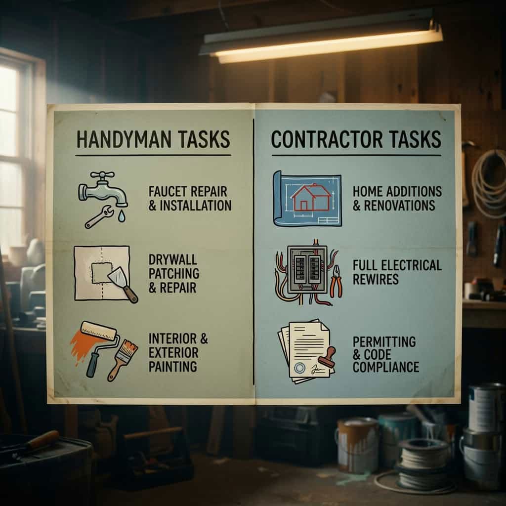 An educational infographic comparing common handyman tasks like faucet repair with professional contractor services in Austin, TX.