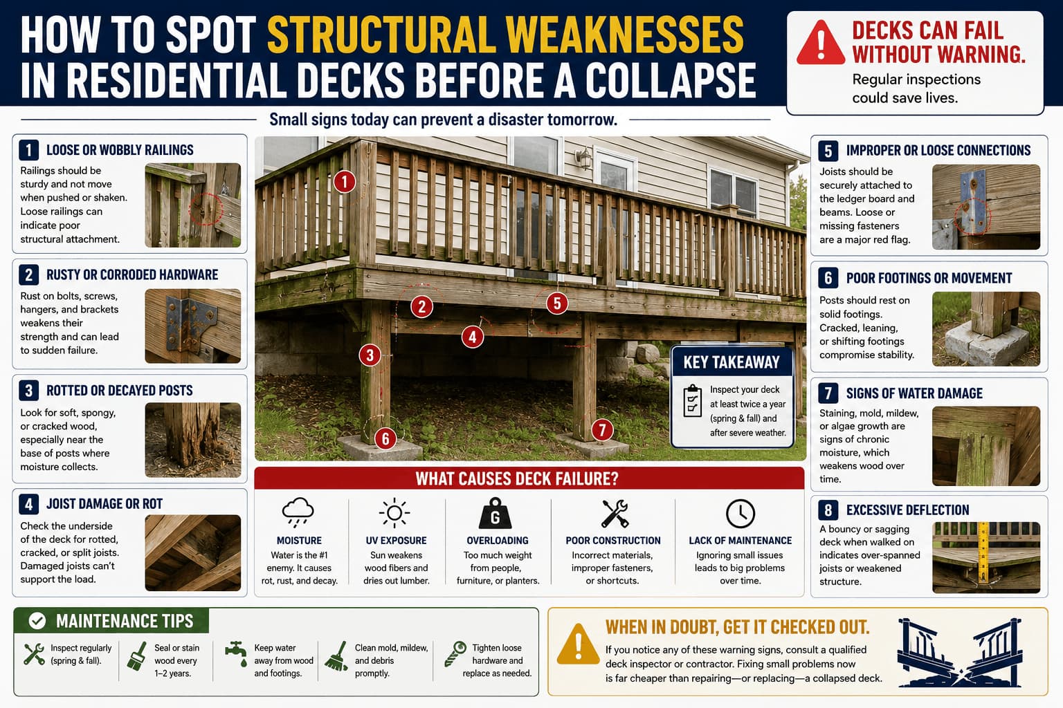 An educational infographic illustrating how to spot structural weaknesses in residential decks before a collapse, detailing inspections for loose railings, rusted hardware, rotted posts, and joist decay.